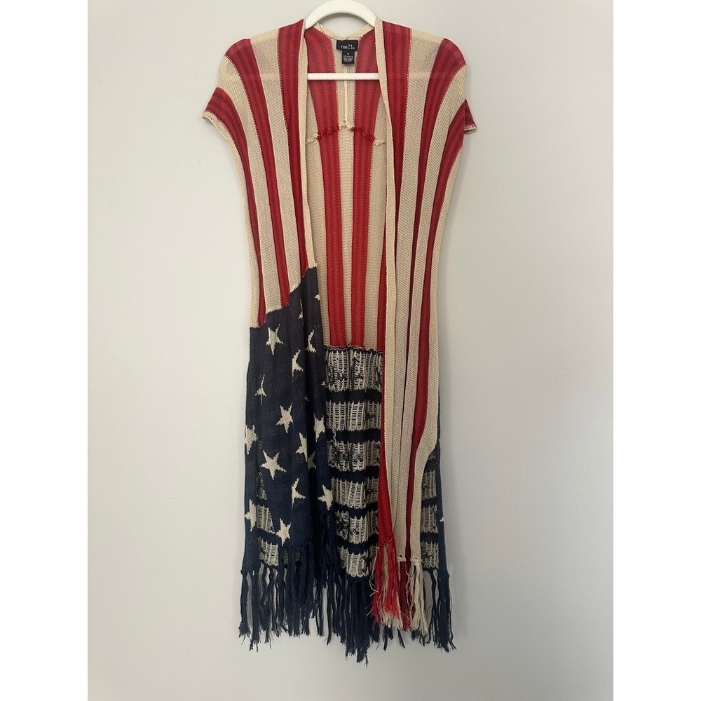 Rue21 Womens American Flag Open Knit Fringe Longline Vest Cardigan Red White M